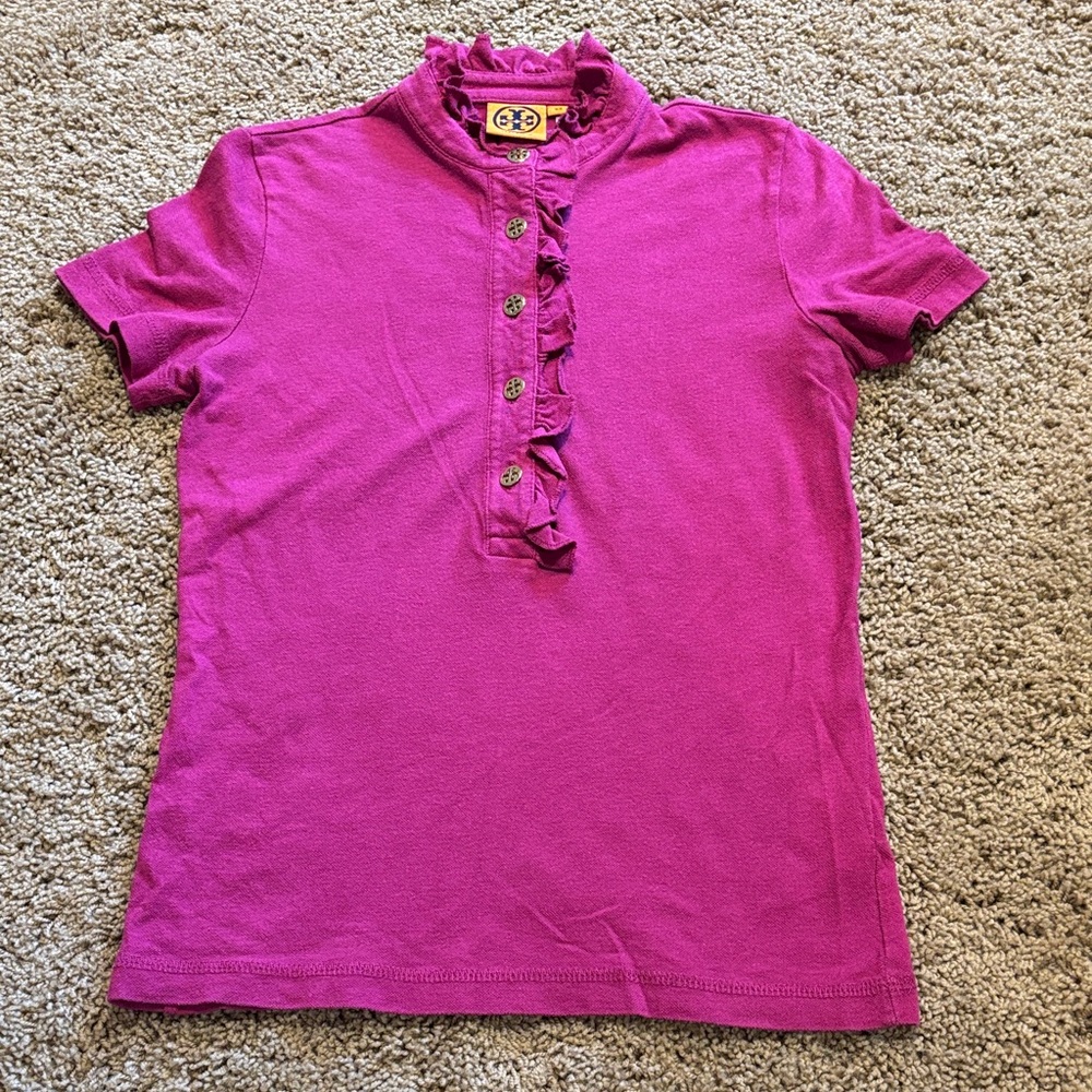 Tory Burch Short Sleeve Romilly Ruffle Polo Shirt